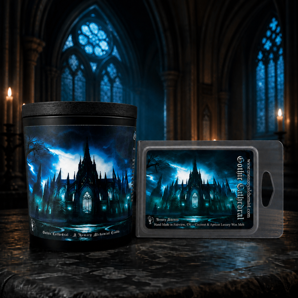 Gothic Cathedral candle and wax melt bundle displayed inside a moonlit cathedral