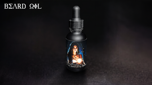 Product image of a black beard oil bottle featuring Aphrodite on the label. 