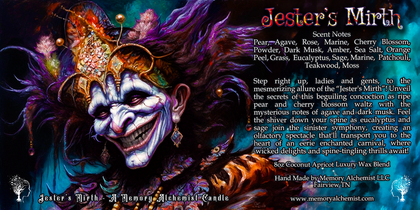 Jester’s Mirth - Pear and Marine with a Hint of Dark Musk Scented - Coconut and Apricot Luxury Wax Blend Candle