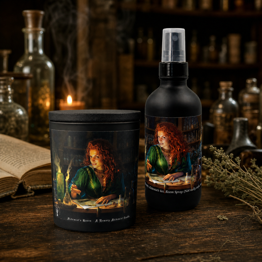 Alchemist’s Haven candle and room spray bundle displayed on an atmospheric apothecary workbench