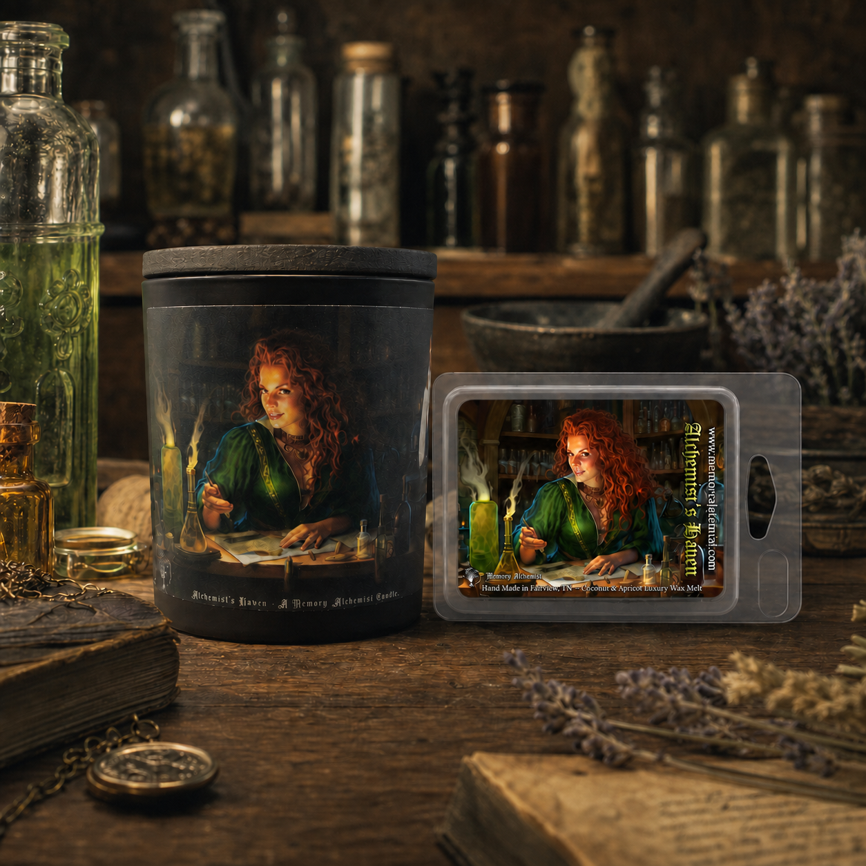 Alchemist’s Haven candle and wax melt bundle displayed on an atmospheric apothecary workbench