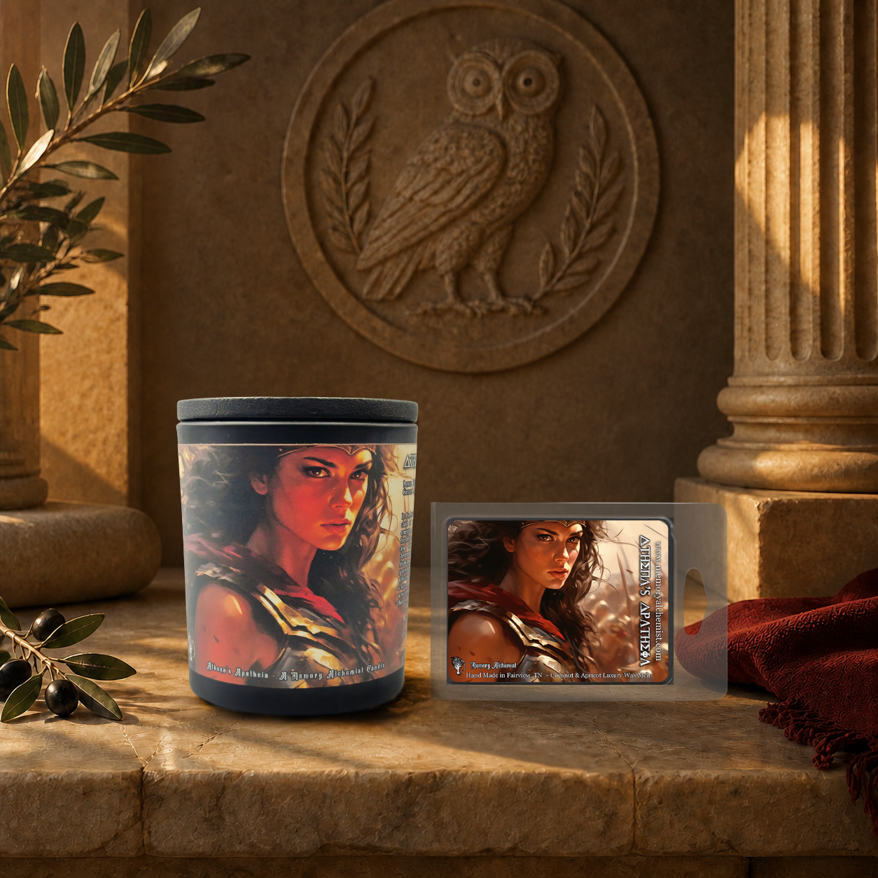 Athena’s Apatheia candle and wax melt bundle in a warm, Greek-inspired setting