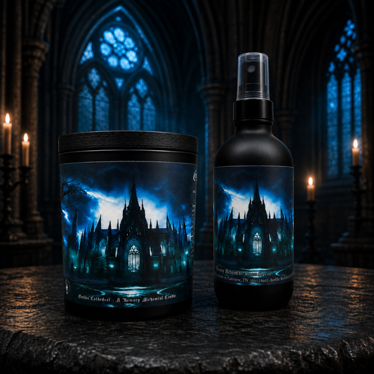 Gothic Cathedral candle and room spray bundle displayed inside a moonlit cathedral